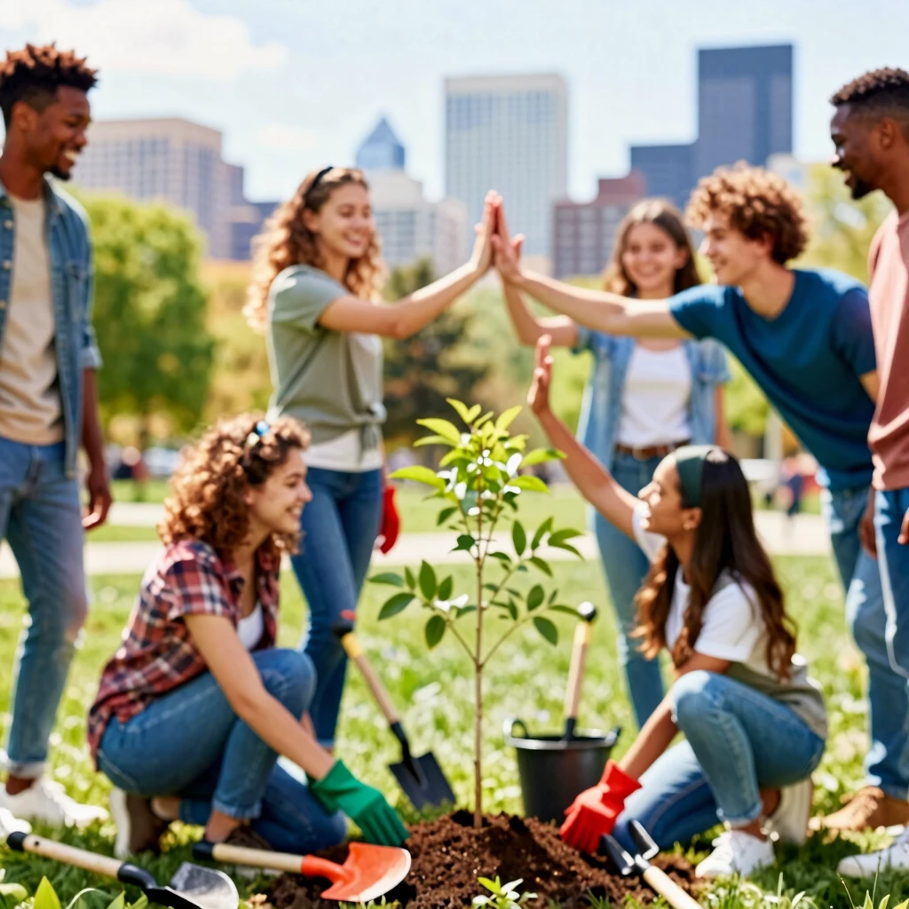 Young volunteers celebrating after a tree-planting service project in a local park