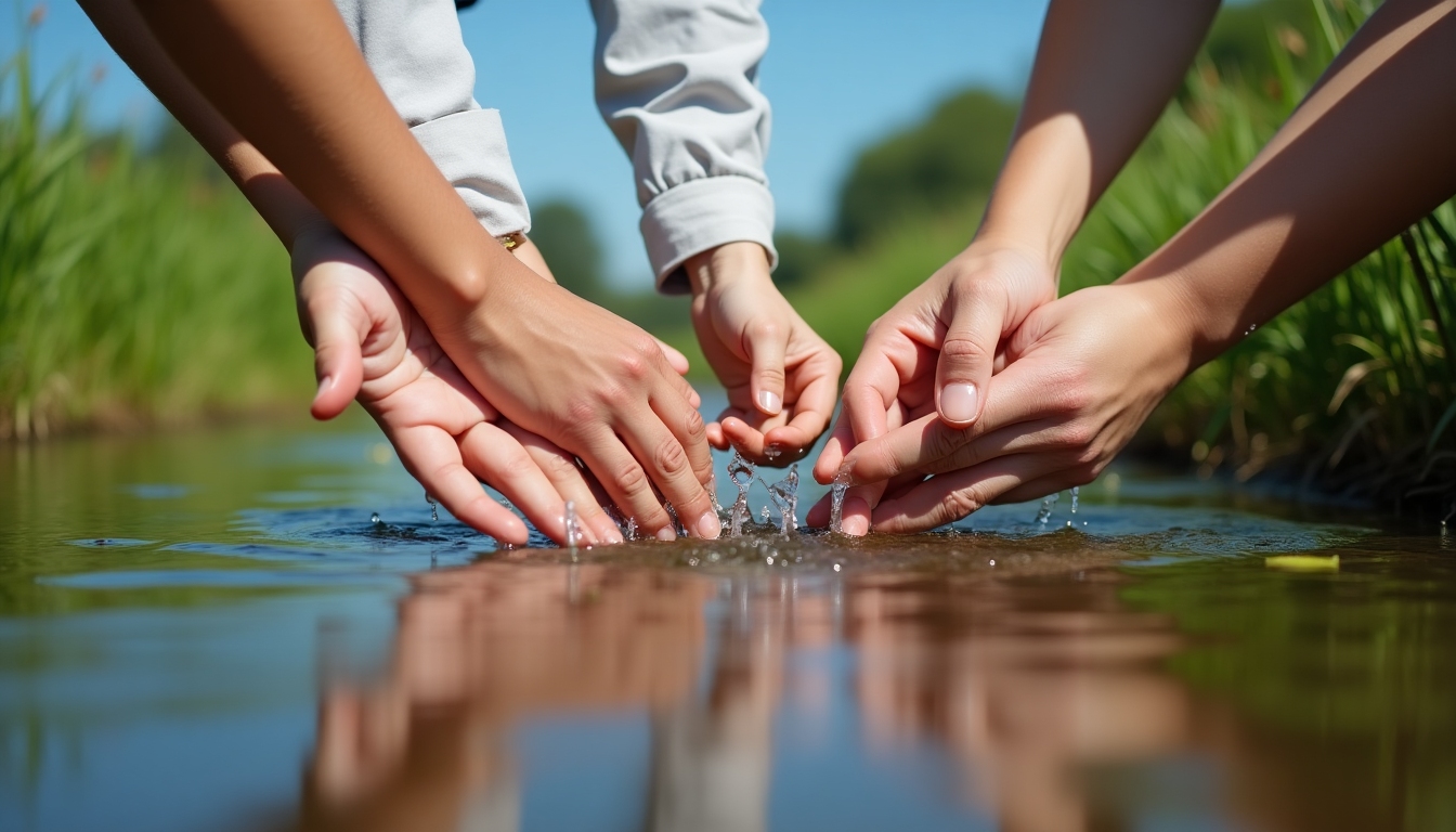 Close-up of hands of students and community members working together to clean a river, highlighting community collaboration.