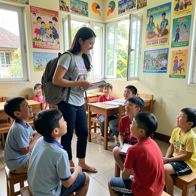College student teaching English to children in Thailand