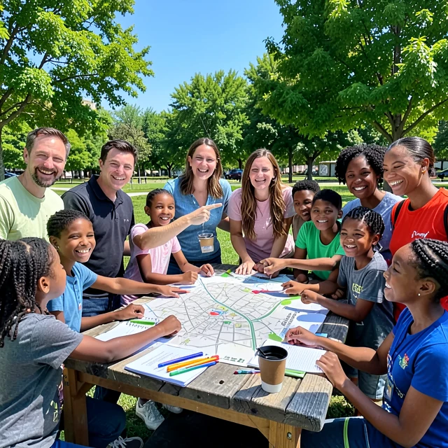 Volunteers collaborating on a community project map in a park