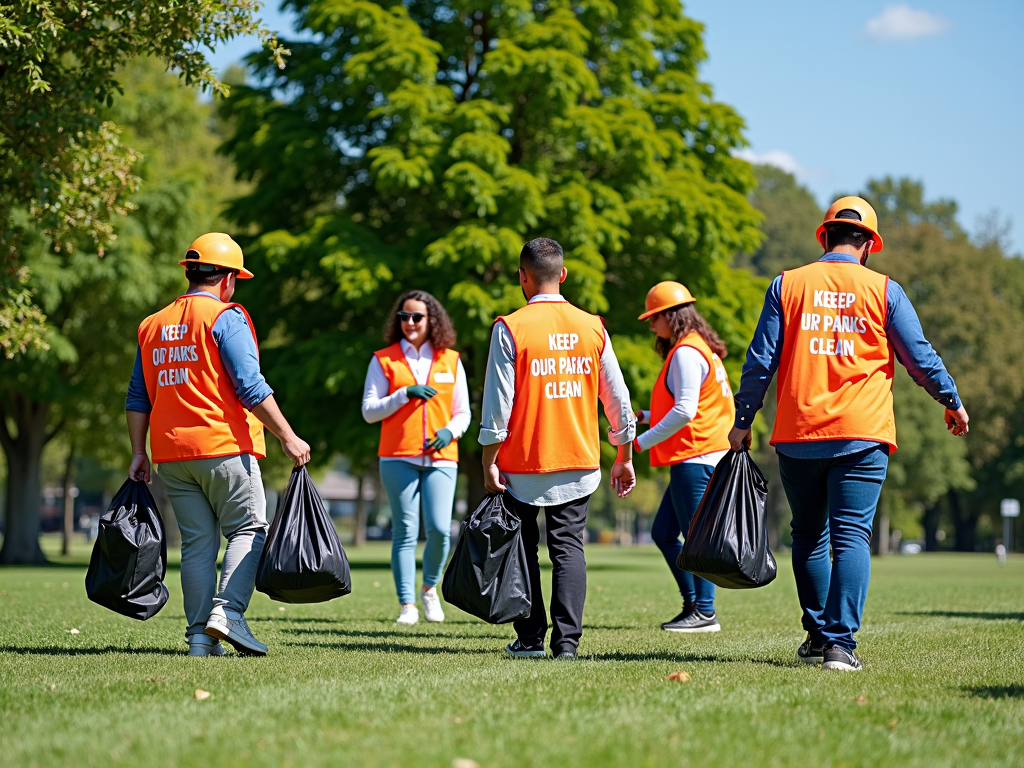 Volunteers cleaning a park while advocating for cleanliness