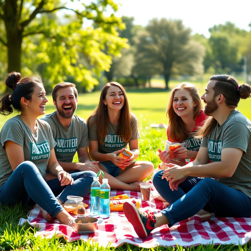 Volunteers enjoy a break on a picnic blanket in a sunny park.