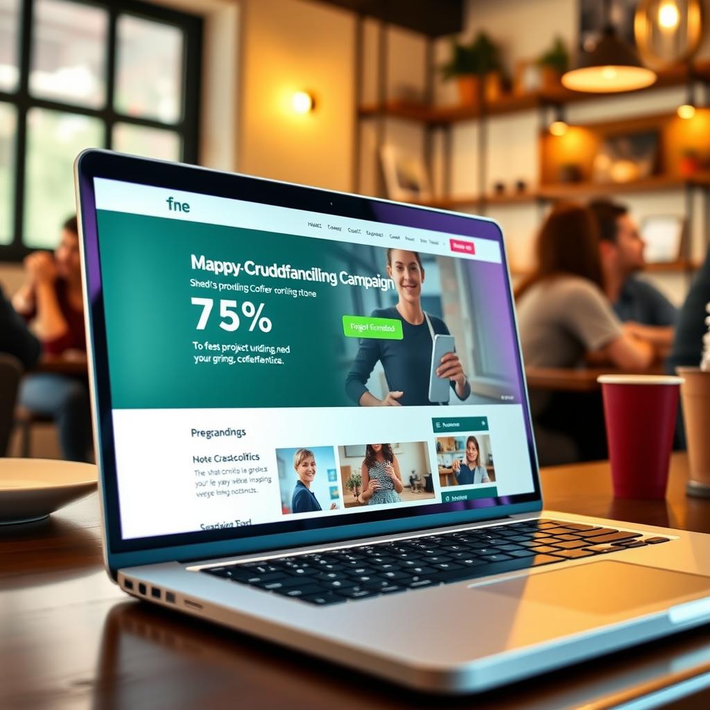 A laptop showing a crowdfunding campaign page in a cozy coffee shop.
