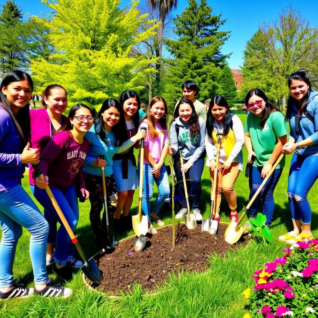 College students planting trees in a community park during a service learning project.
