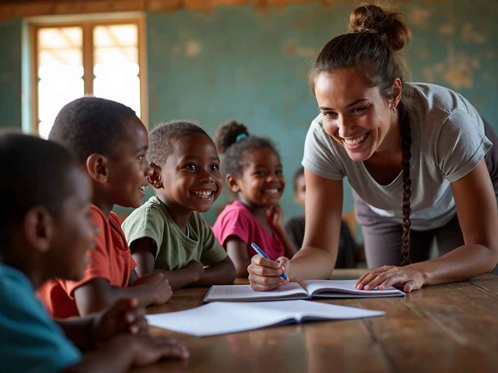 Volunteer teaching children, demonstrating the impact of volunteering on personal growth and community development.