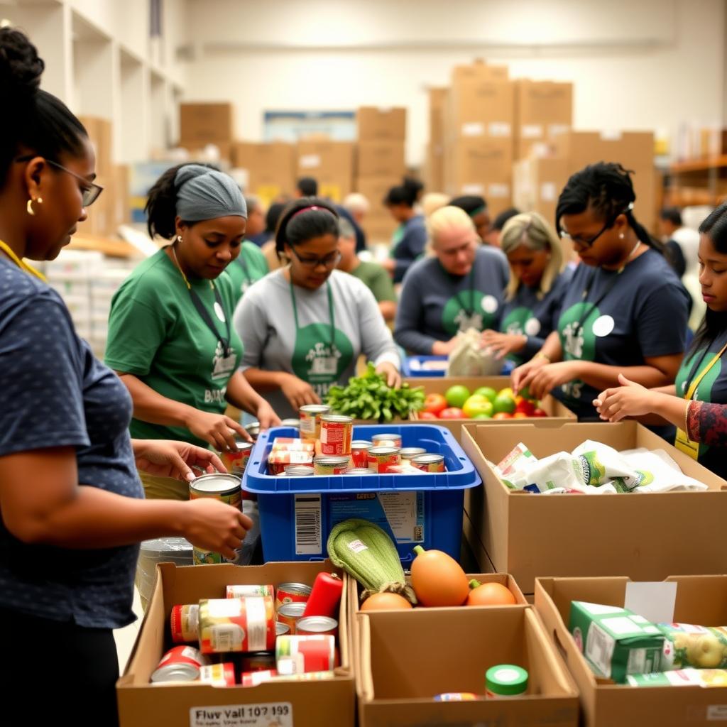 Volunteers sorting donations at a food bank