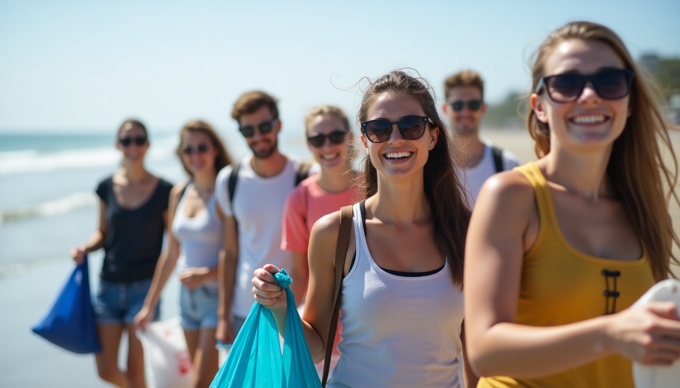 Student volunteers engaged in a local beach cleanup project, collecting waste.