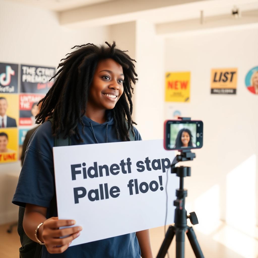 A young activist recording a TikTok video with a political slogan sign in a vibrant campaign setting.
