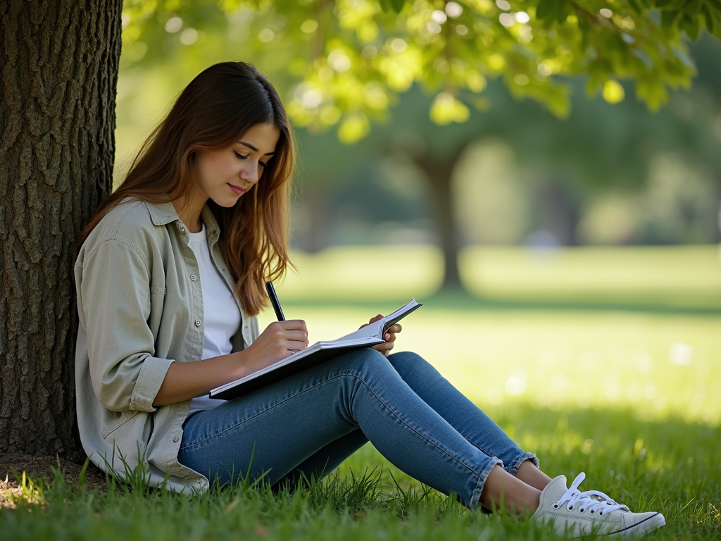 Student reflecting outdoors after volunteering.
