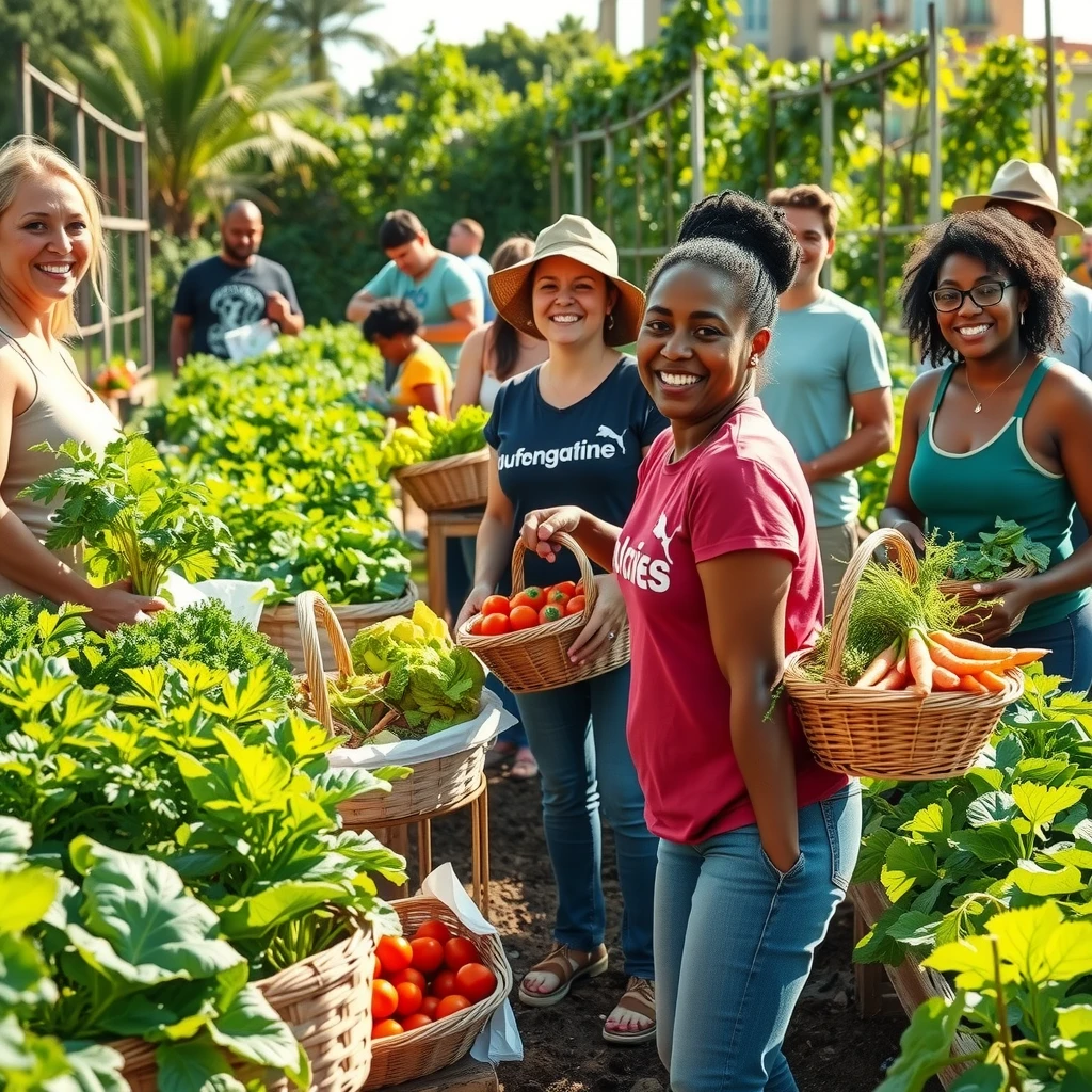 Volunteers harvesting fresh vegetables in a community garden
