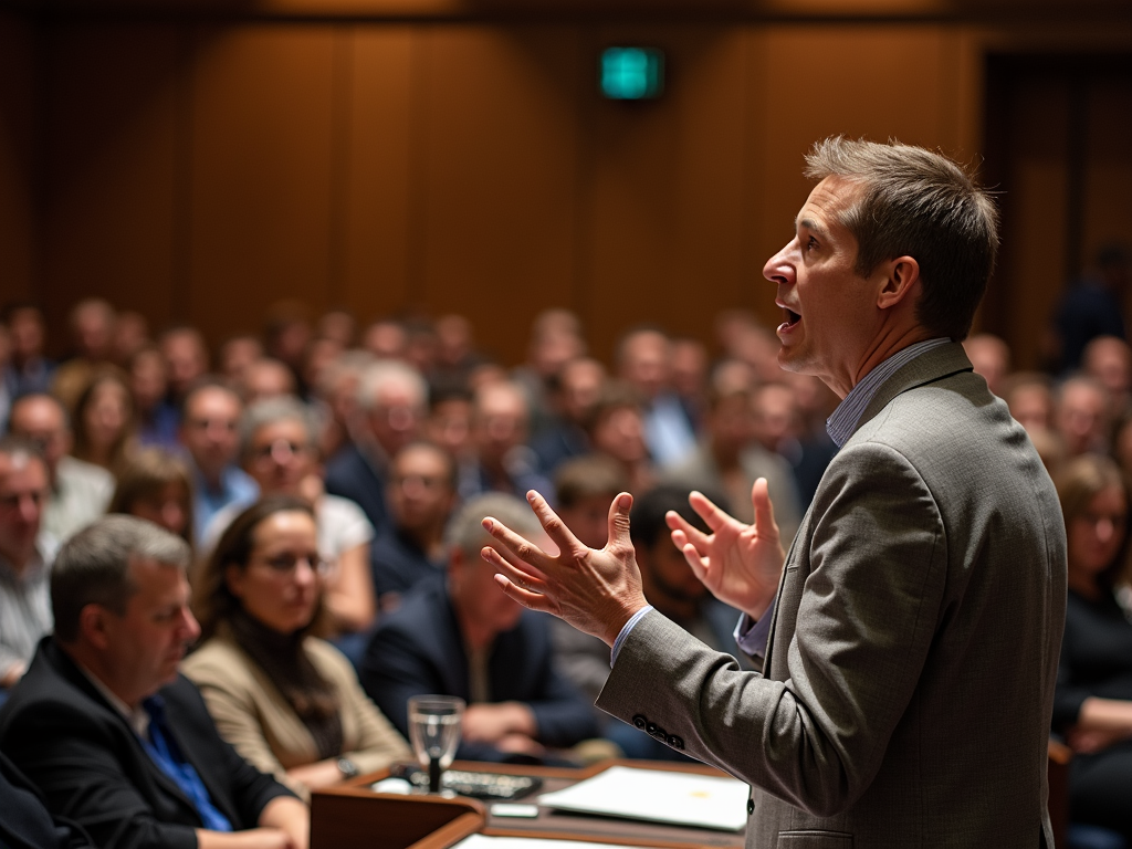 Advocate addressing community members at a public forum.