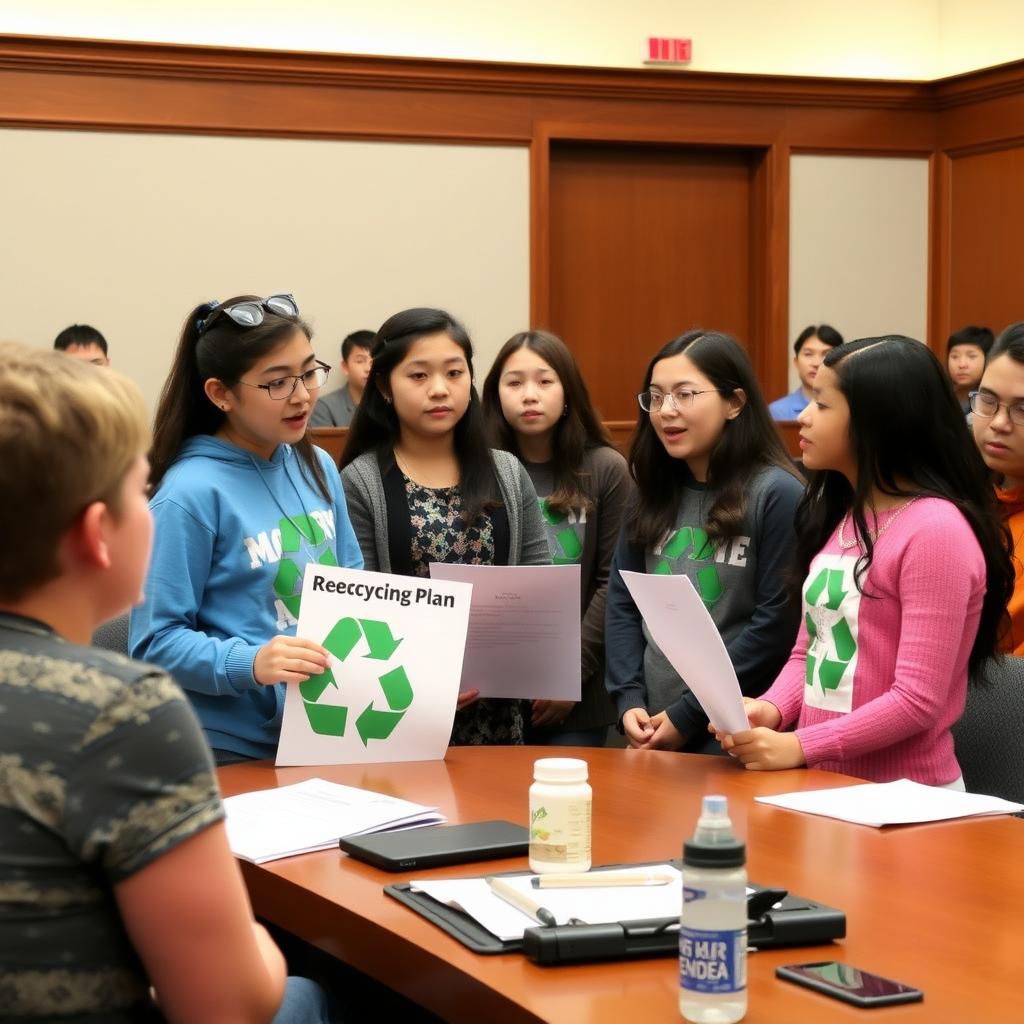 Young advocates presenting a recycling plan at a city council meeting in a formal setting.