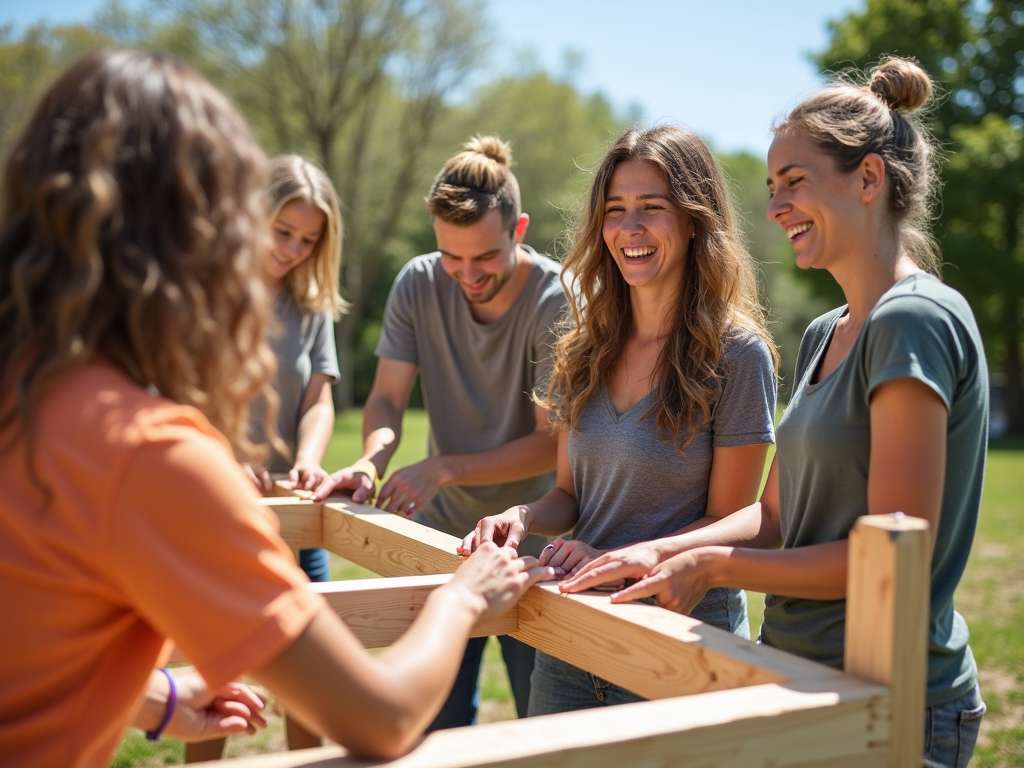 Volunteers collaborating on a construction project