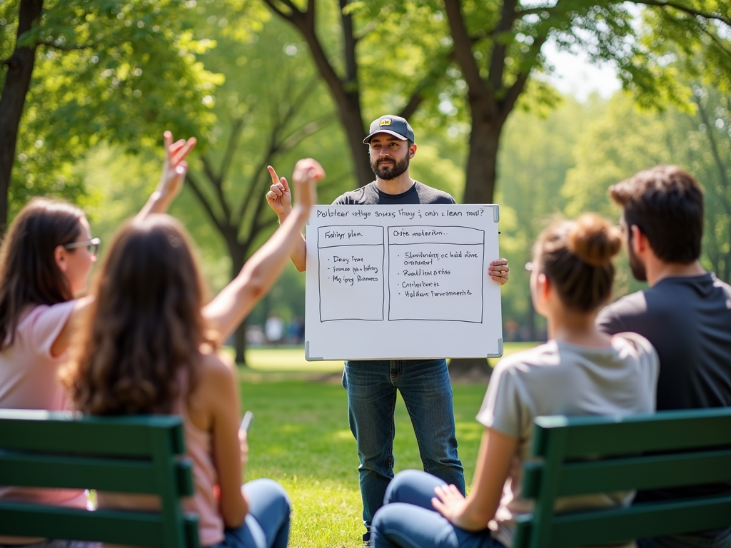 Volunteer leading a team meeting outdoors