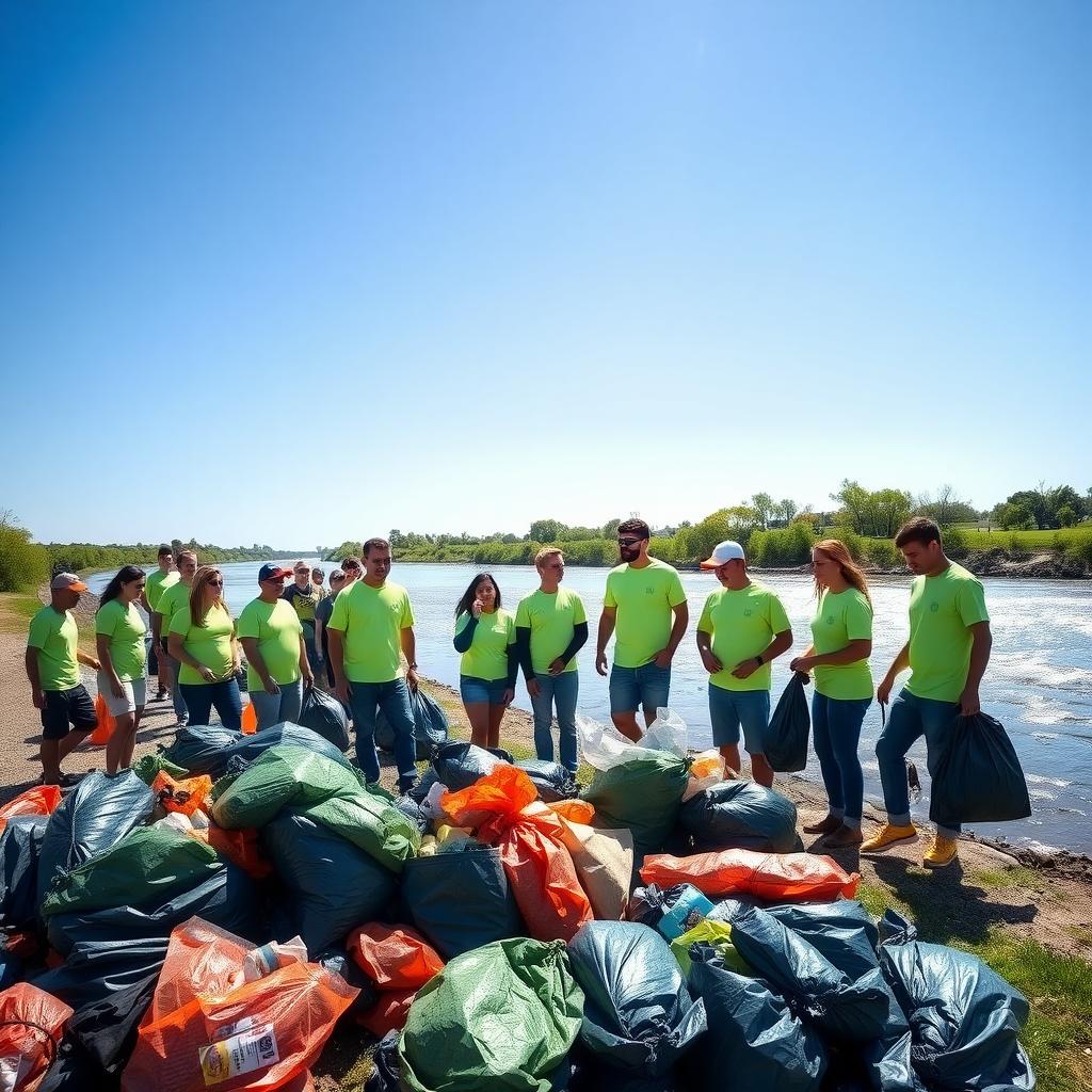 Volunteers in green shirts cleaning a riverbank with trash bags and a flowing river.
