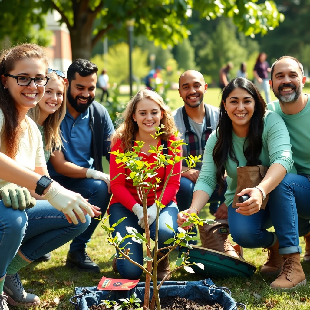 Diverse volunteers planting trees together in a park