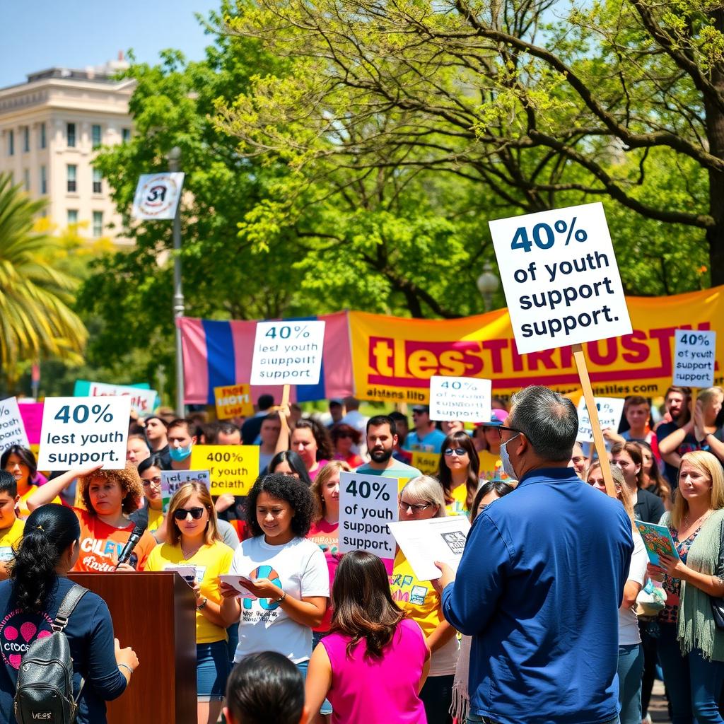 Crowd at an advocacy rally in a park holding signs with data-driven messages.