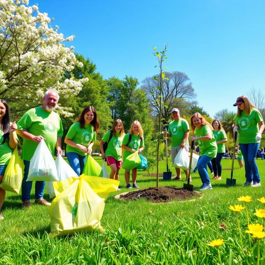 Volunteers cleaning a park, picking up litter, and planting trees under a blue sky.