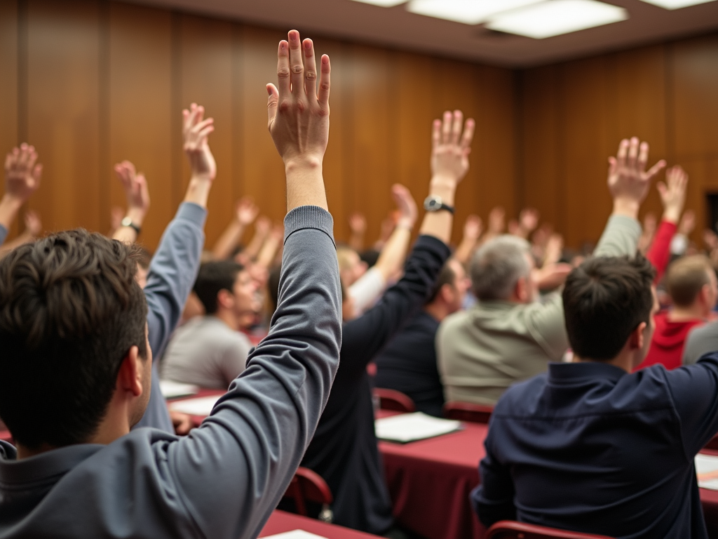 A community voting on advocacy decisions at a meeting.