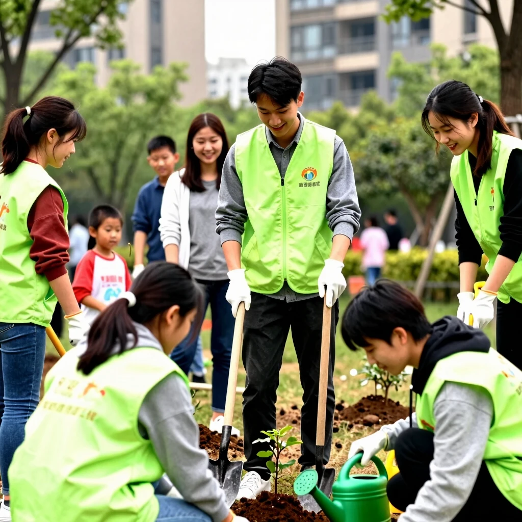 Group of volunteers planting trees in a community park