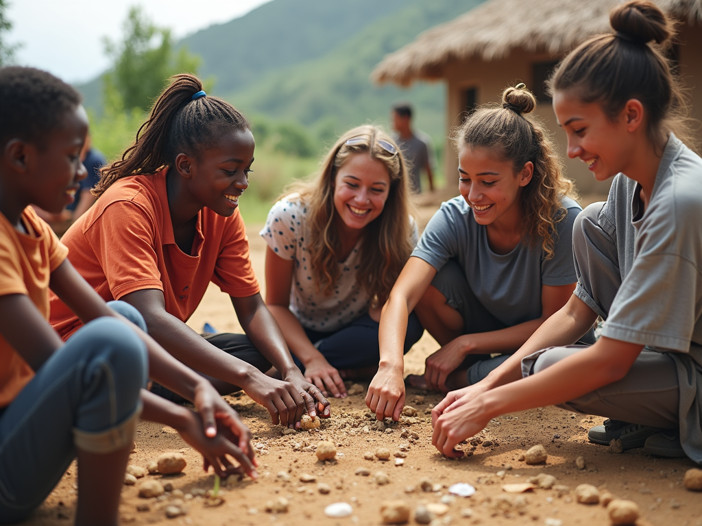 College students volunteering abroad, building a community center with locals.