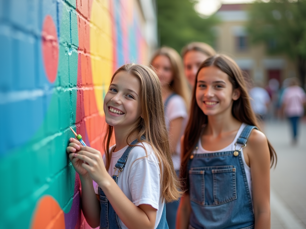 Teens painting a school mural, a service learning project boosting community spirit.