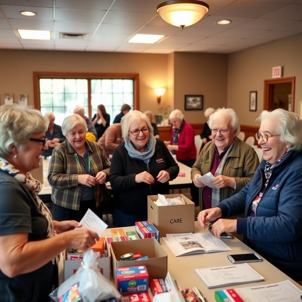 Senior volunteers assembling care packages in a cozy community center.