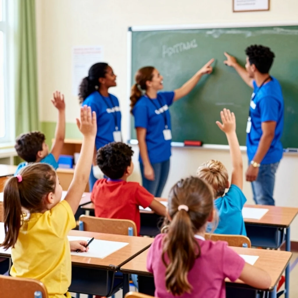 Young volunteers enthusiastically teaching children in a community classroom
