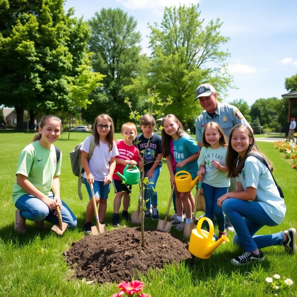 Middle school students planting trees in a park during a service learning project.