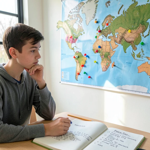 Person planning volunteer trip with world map and pros/cons list