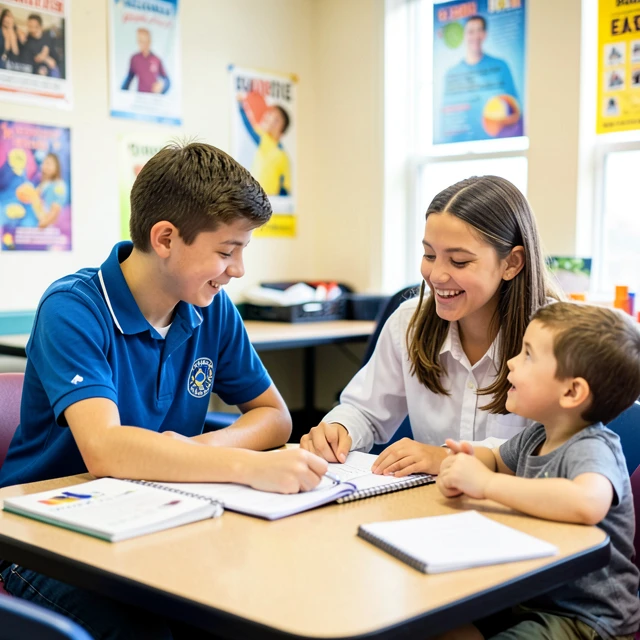 High school students tutoring a young child in a volunteer mentoring program