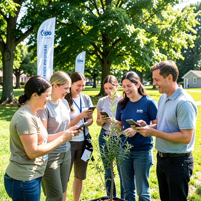 Diverse volunteers using mobile apps to coordinate a community event