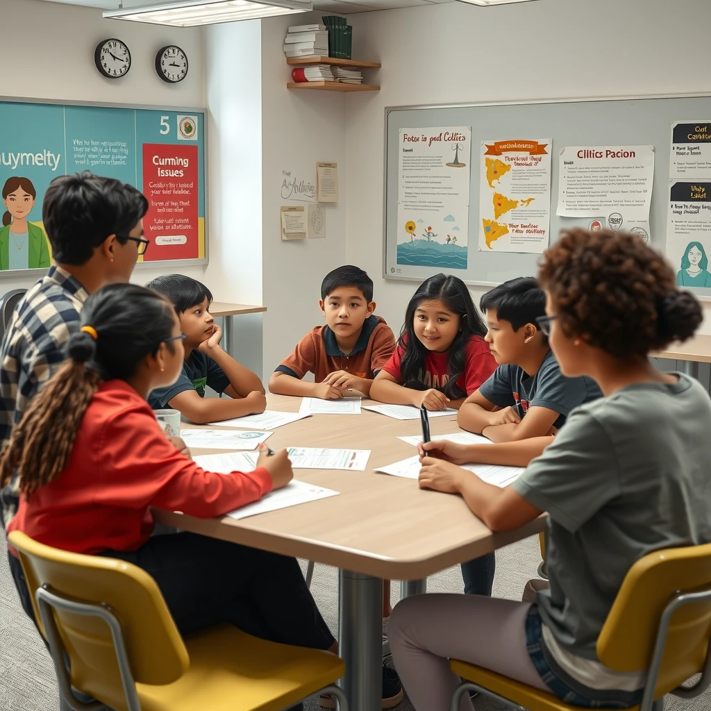 Young students discussing community issues in classroom