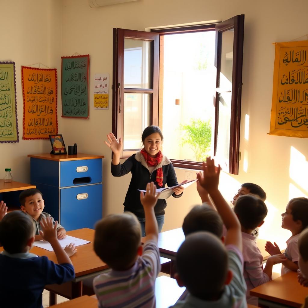 A volunteer teaches in a Moroccan classroom with Arabic calligraphy posters and a sunny courtyard in view.