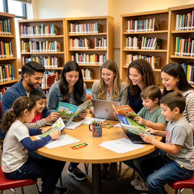College student volunteers tutoring children in a library