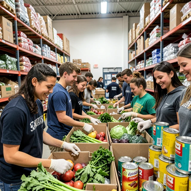 Teen volunteers packing food donations at a local food bank