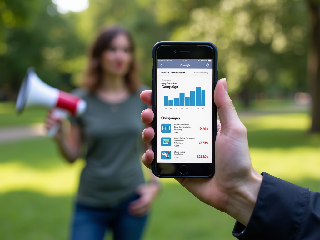 A person checking advocacy stats on a smartphone