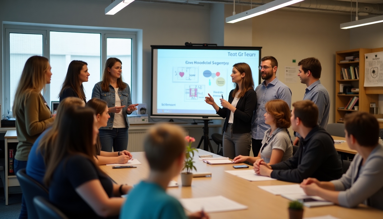 Volunteers attending a workshop with a mentor guiding them through a presentation.