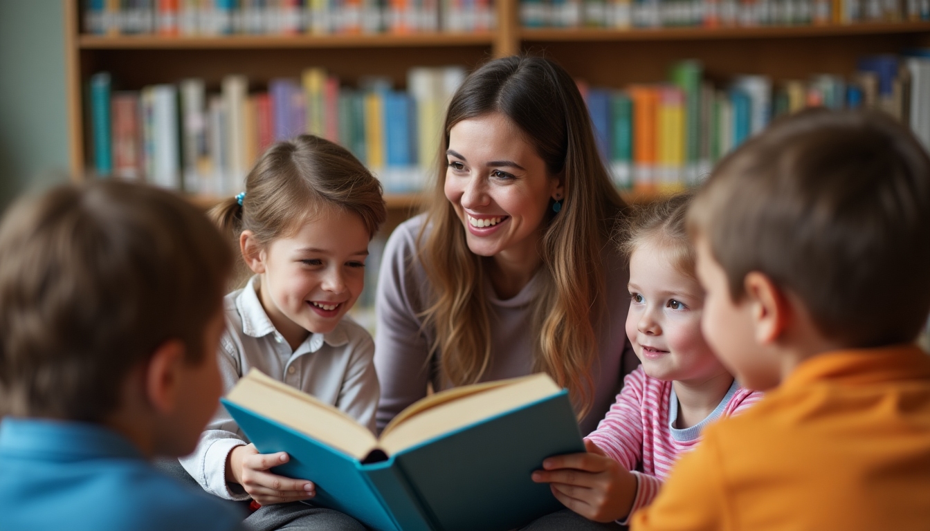Volunteer reading to children in a library