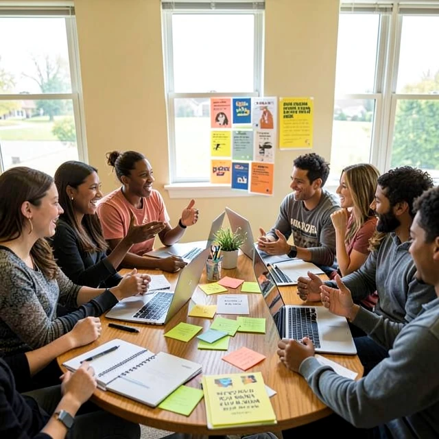 Diverse group of advocacy volunteers brainstorming ideas in a community center