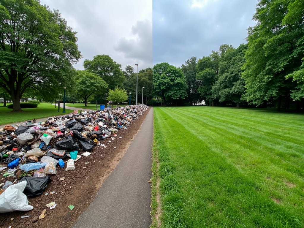 Before and after of a park cleanup.