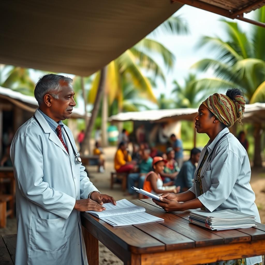 A doctor and local healthcare worker discuss patient care at an outdoor clinic in a tropical village.