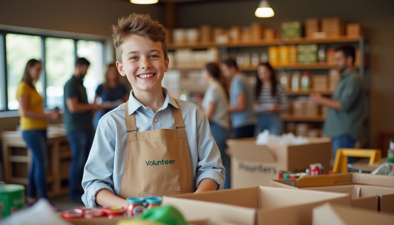 Teen volunteering at a food bank.