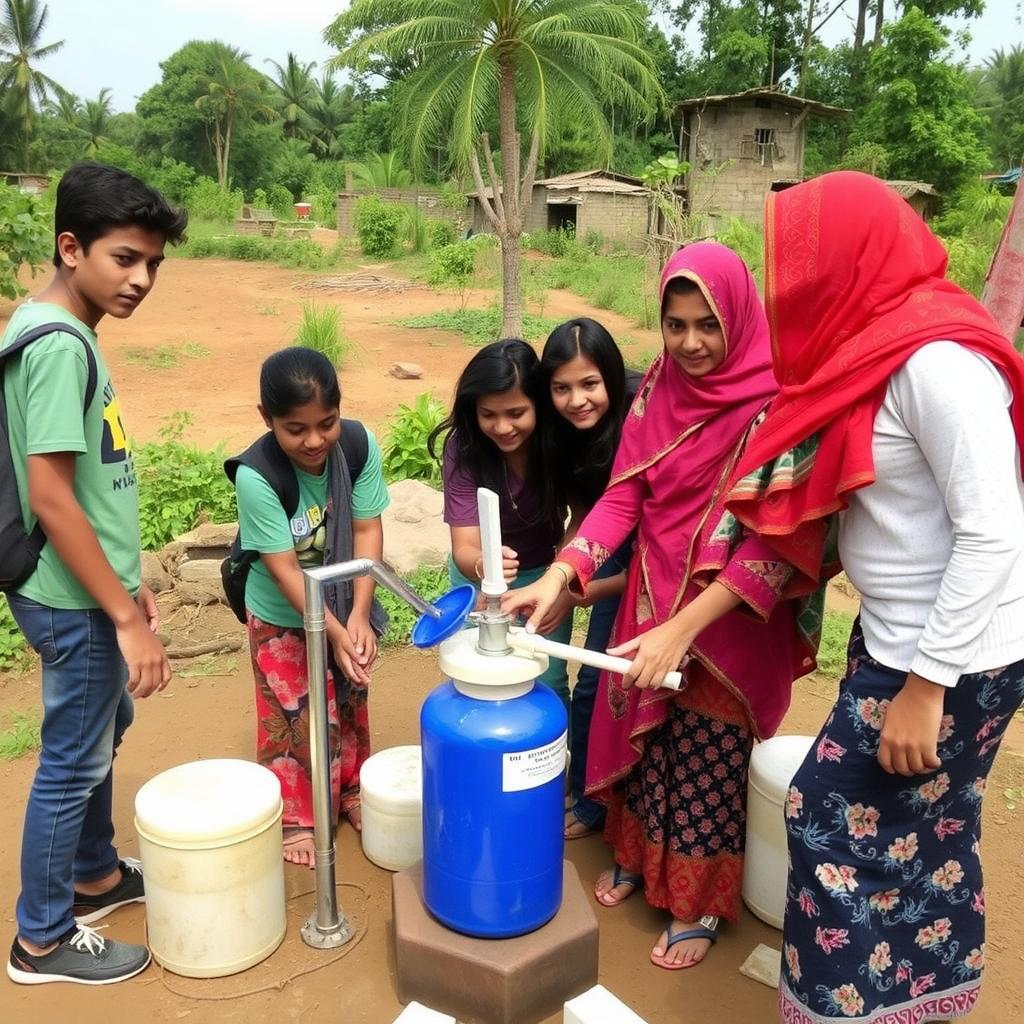 Students and villagers in Guatemala setting up a water purifier, focused and working together.