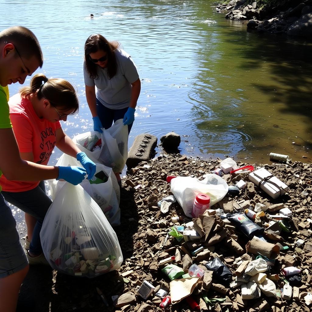Volunteers cleaning trash from a riverbank.