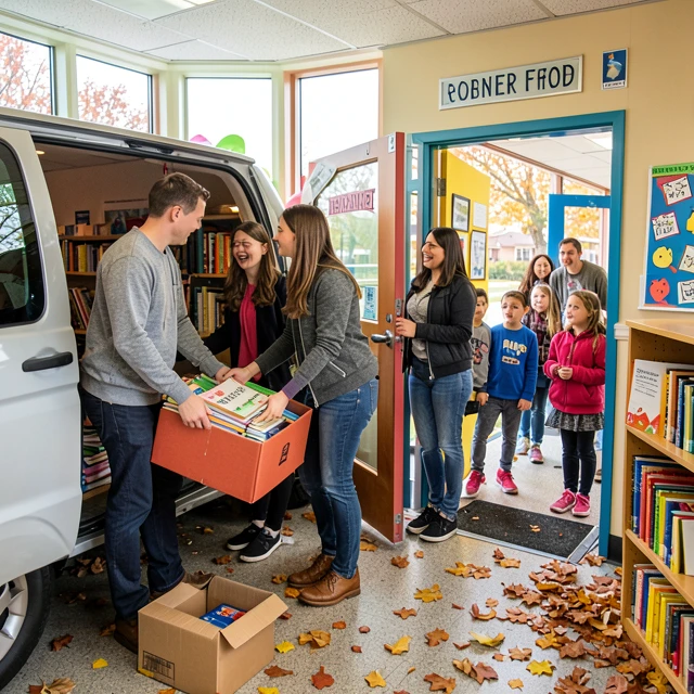 College volunteers delivering books to under-resourced school library