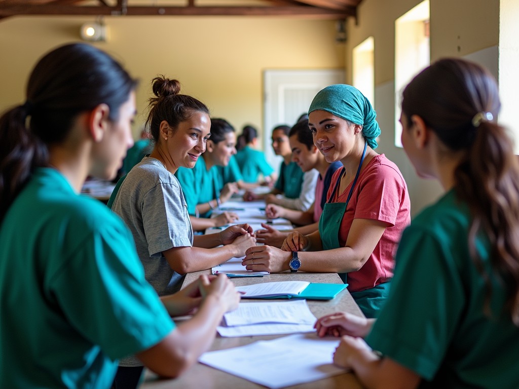 Volunteers collaborating with local healthcare staff in a clinic setting.