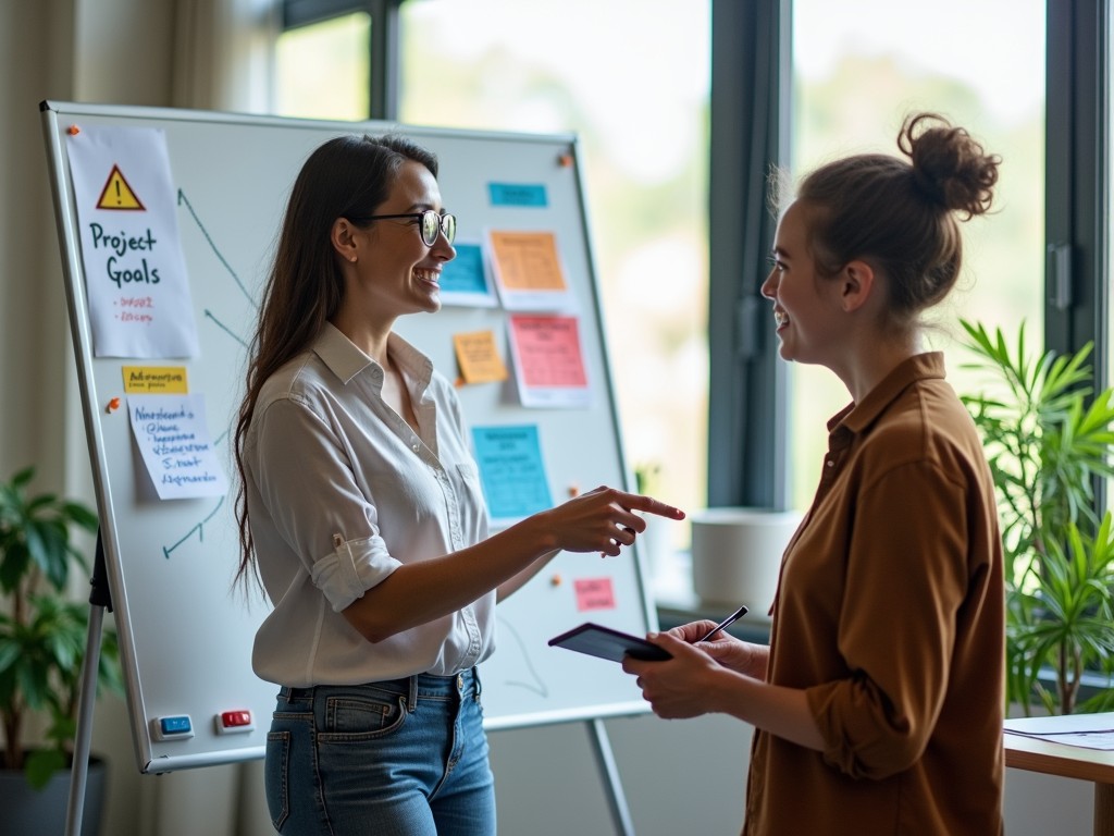 Mentor guiding a student in a classroom setting, offering support and advice.