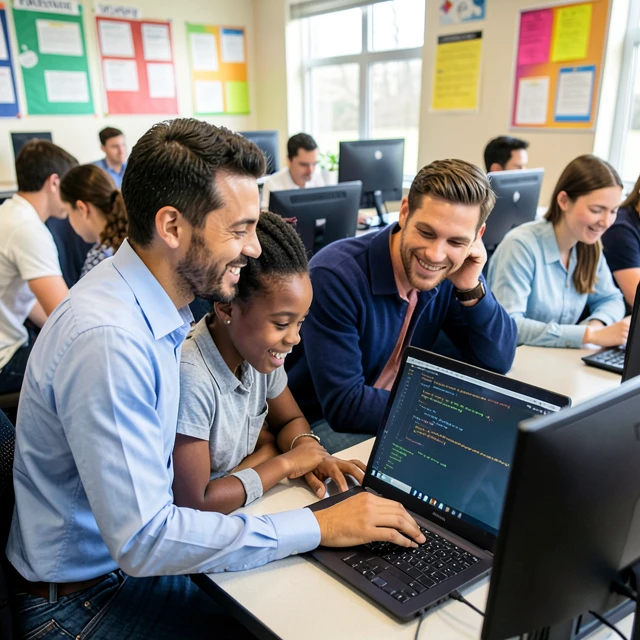 Mentor assisting student with programming in a school lab