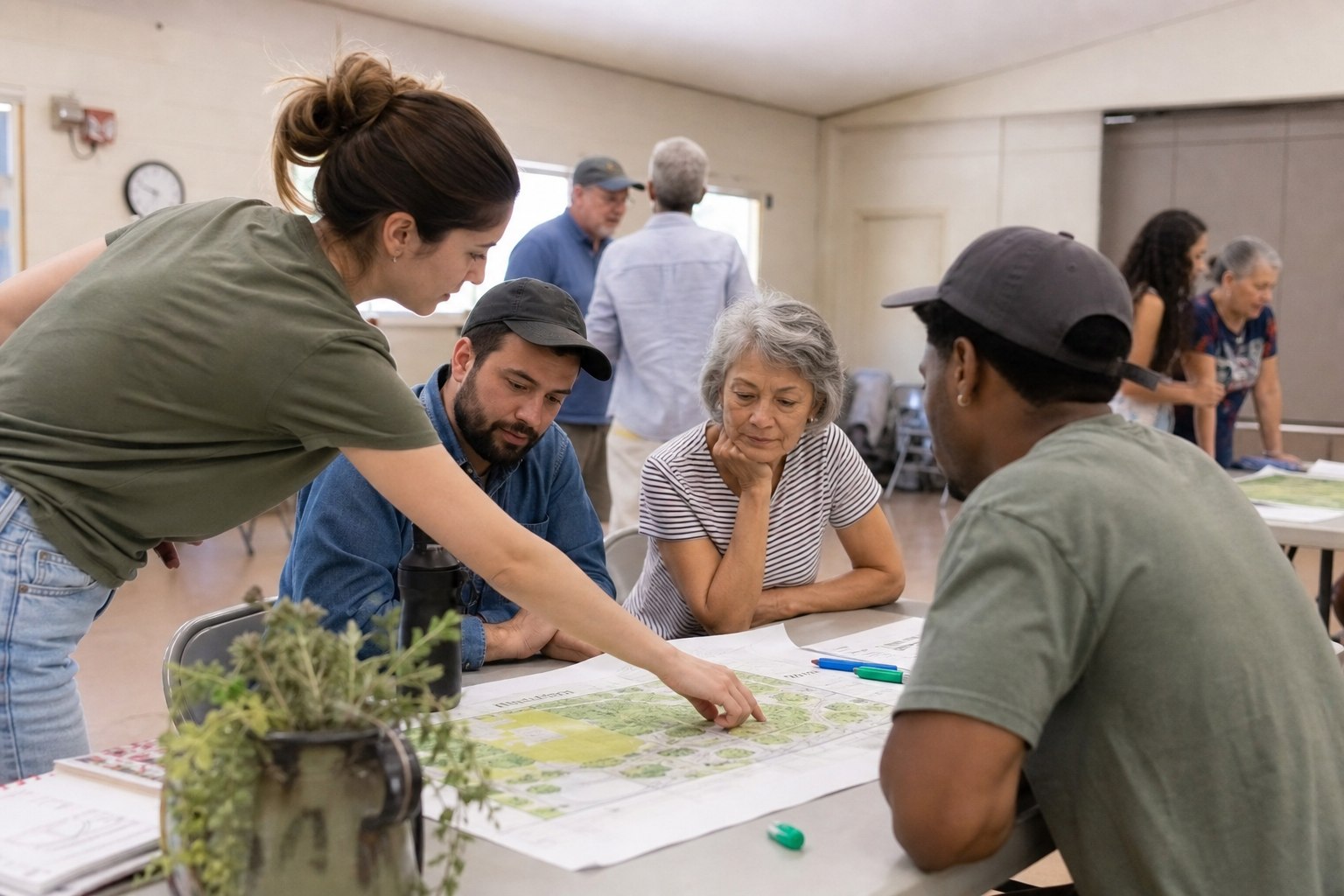 Volunteers collaborating on community park project plans in a community center
